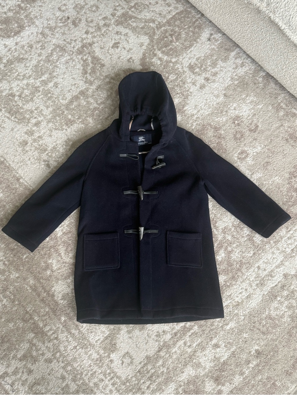 Burberry London Kids Unisex Navy Hooded Duffle Coat Size 7/8 Wool Blend